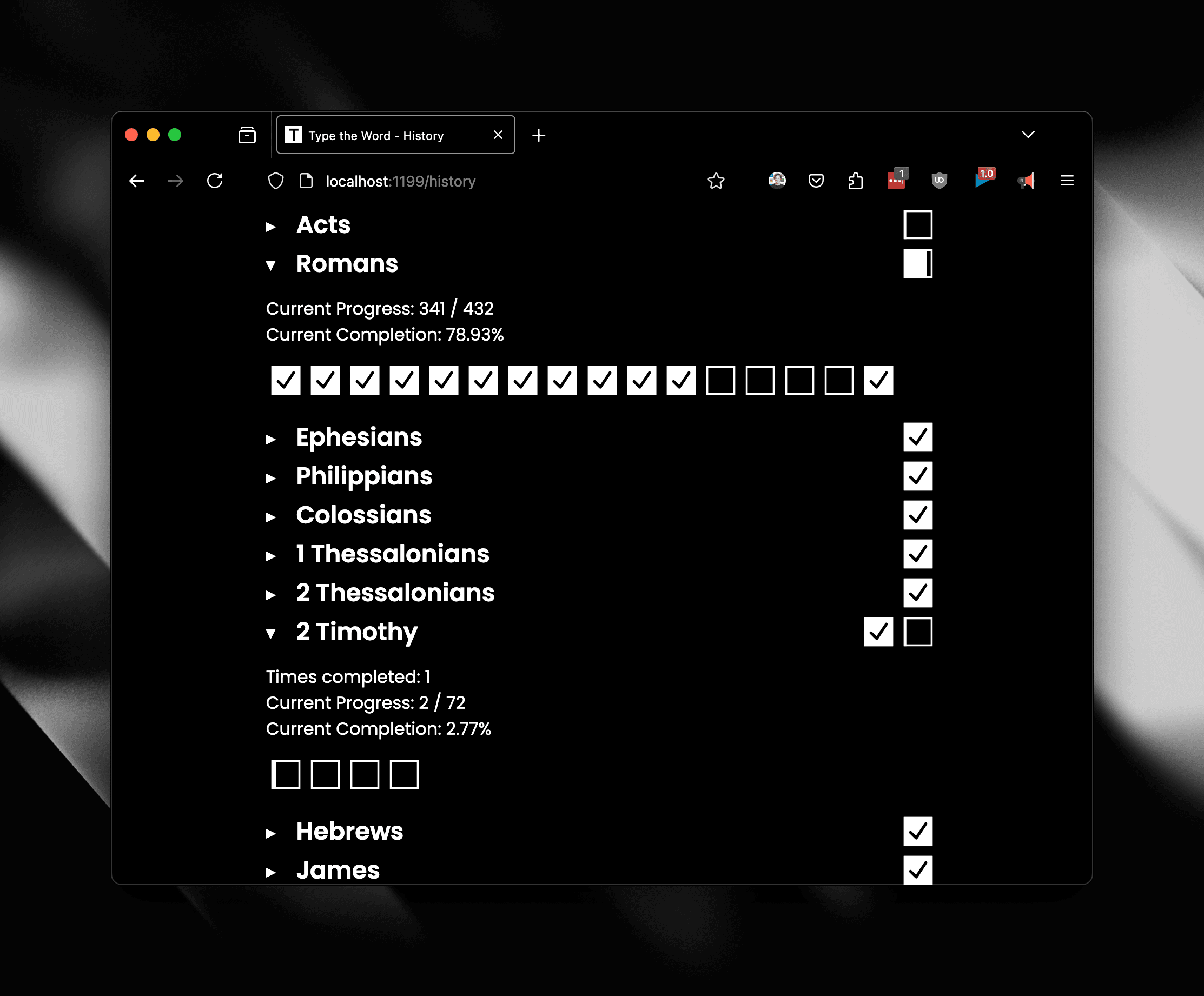 Screen shot of the new "Log" section for each chapter