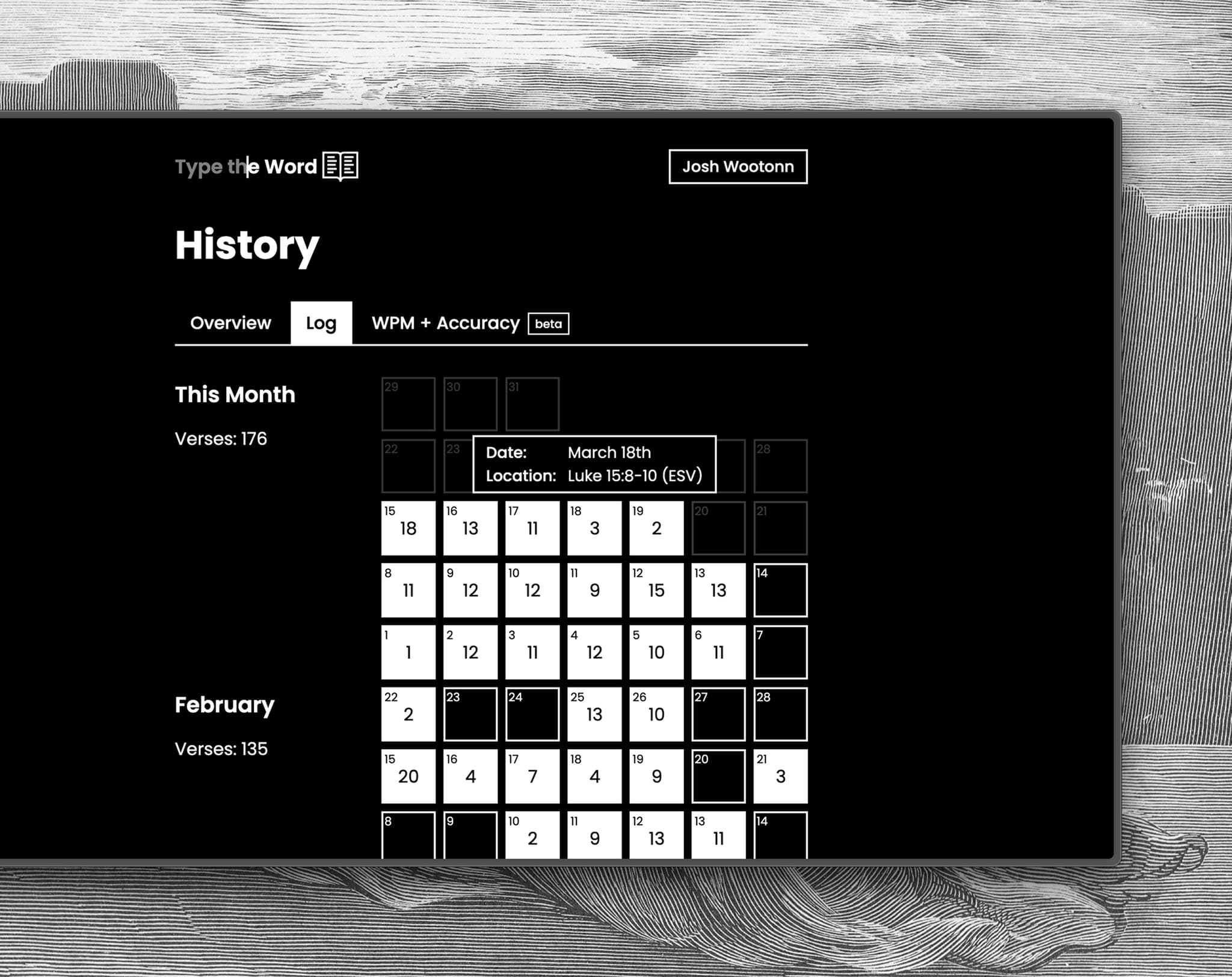 TTW log page showing the user's typing history and progress.