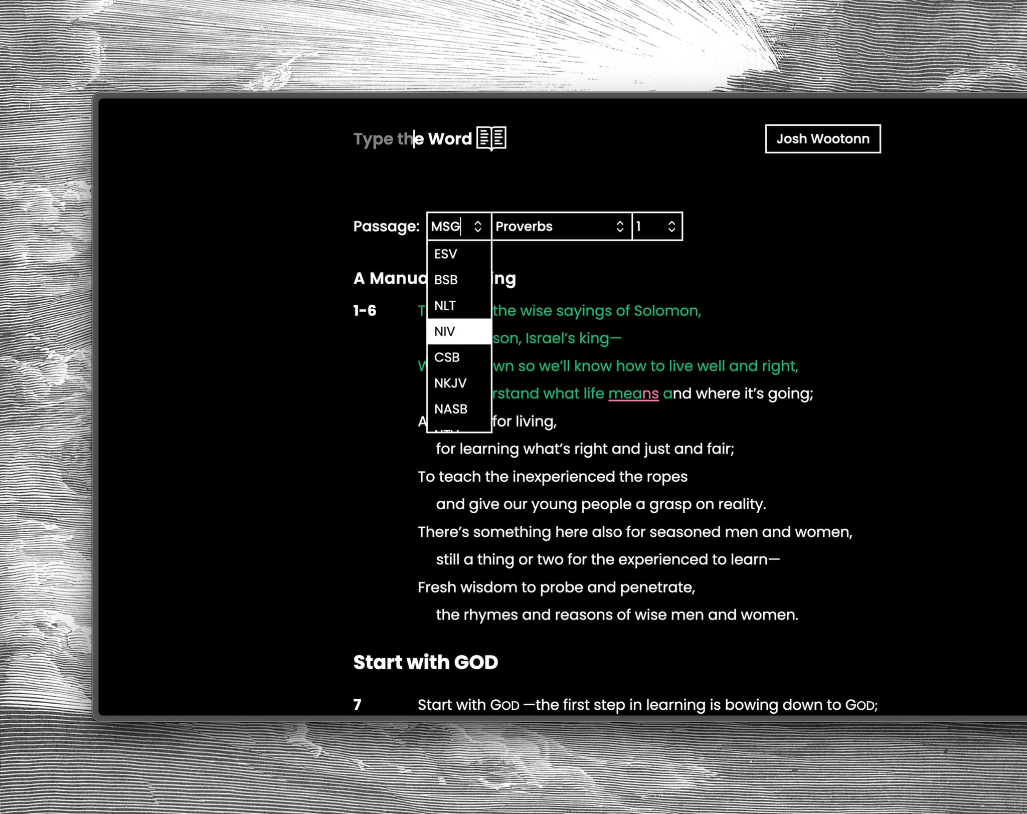TTW open showing the translation picker with NASB, NIV, ESV, and BSB