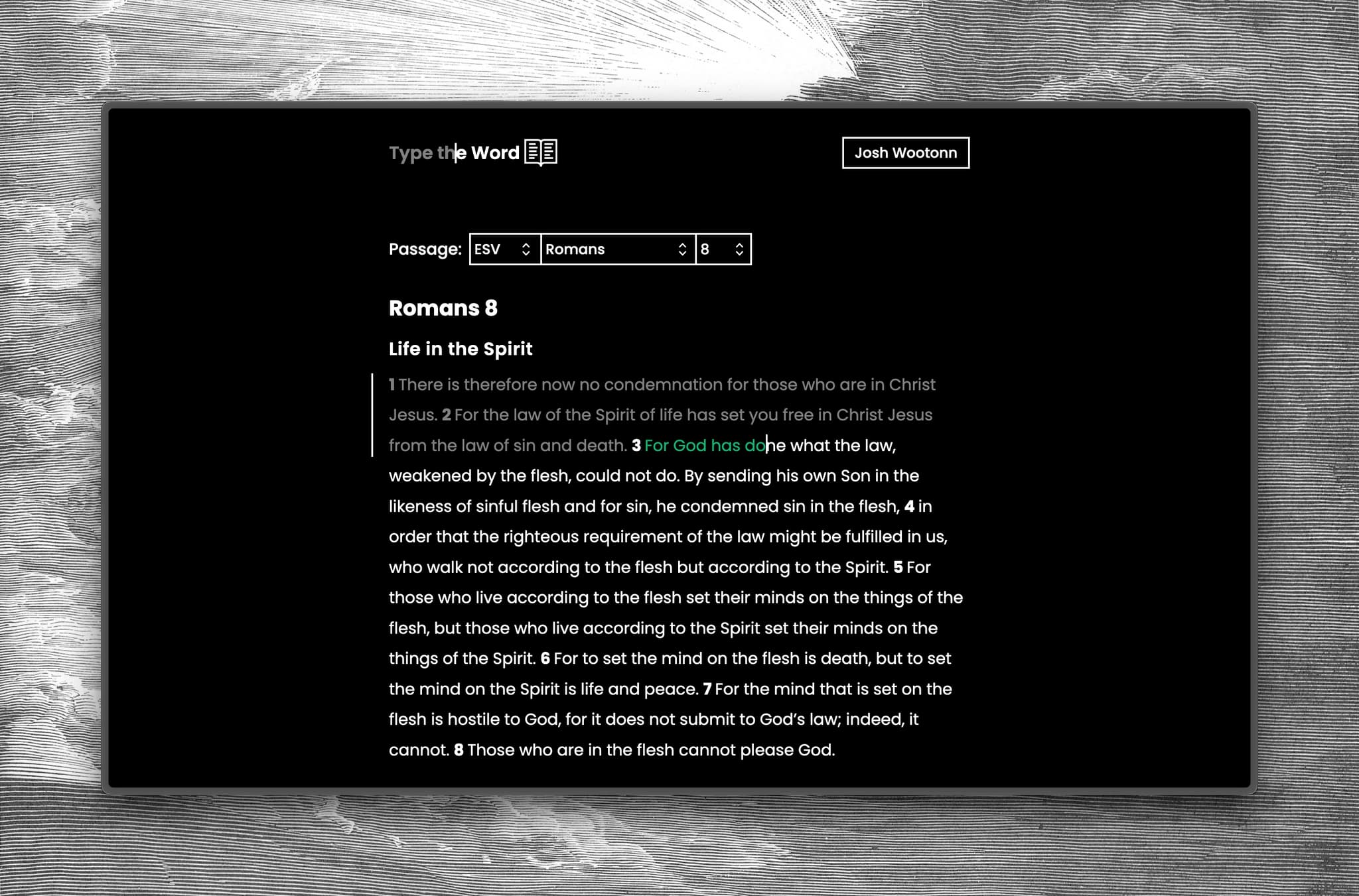 Type the Word typing interface showing Romans 8
